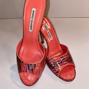 Manolo Blahnik Orange Bamus Exotic Lizard Peep Toe mule/slide heels Size 40 1/2